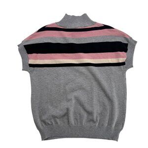 Red Haute Gray Knit Pullover Sweater With Stripes High-Neck Short Sleeve S